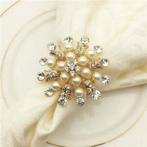 Gold Napkin Rings Set of 6 - Flower Pearl Rhinestone Napkin Ring Holder